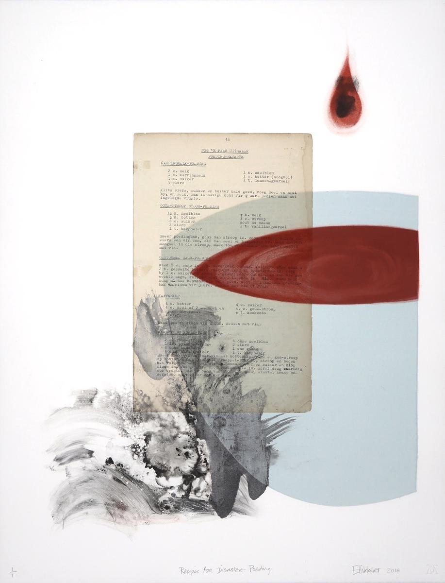Title: Recipes for Disaster - Poeding Medium: Monotype with chine collé Size: 65.5 x 50.5 cm Edition size: 1/1 Price: R 6 000 (excl.VAT)  The bowl is filled with blood, but more is to come. The appalling names of some tasty desserts speak of cruelty and c