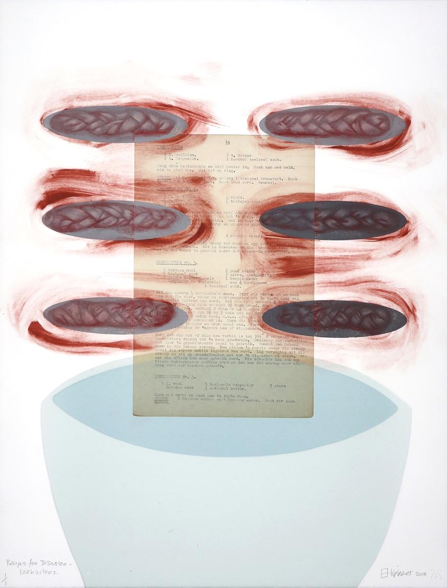 Plaiting myself into my family contexts: I am one of 3 sisters and one of 3 in my own family with my 2 daughters. The knotted bloody koeksisters refer to female identity. The large bowl, we have yet to be dunked into, appears to be void of syrup!