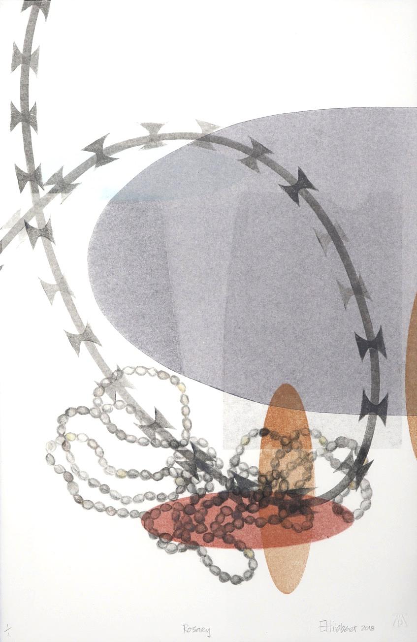 Ghost prints overlapped to fuse imagery and meaning: The razor-wire and the infants teething beads are in jarring contrast.