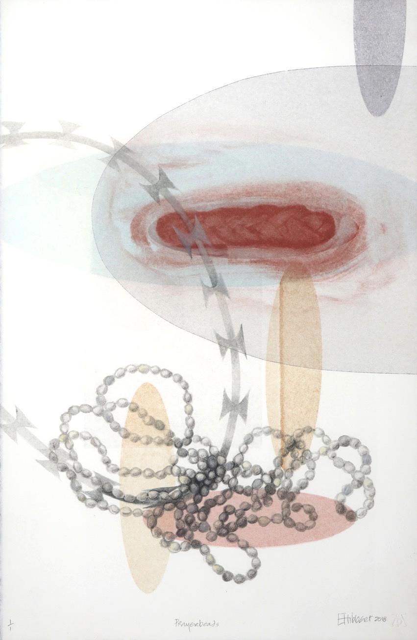 Ghost prints overlapped to fuse imagery and meaning. The razor-wire and the infants teething beads are in jarring contrast. Threats of violence are extended in the bloody, knotted cloth, like a shrouded corpse.