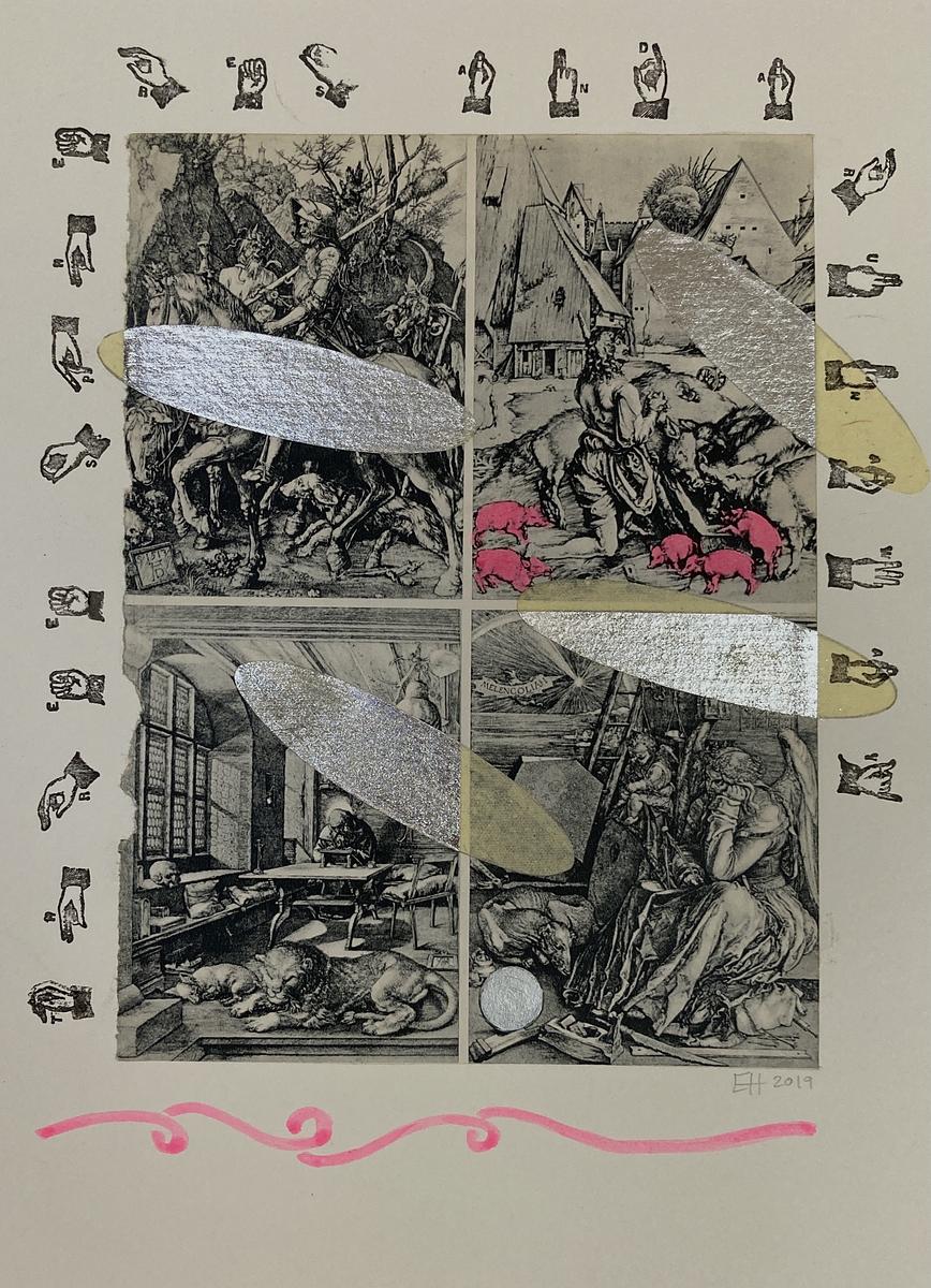 Three Spheres and a Runaway(Dürer) Pink piglets; moral dilemmas; etchings; Dürer; collage