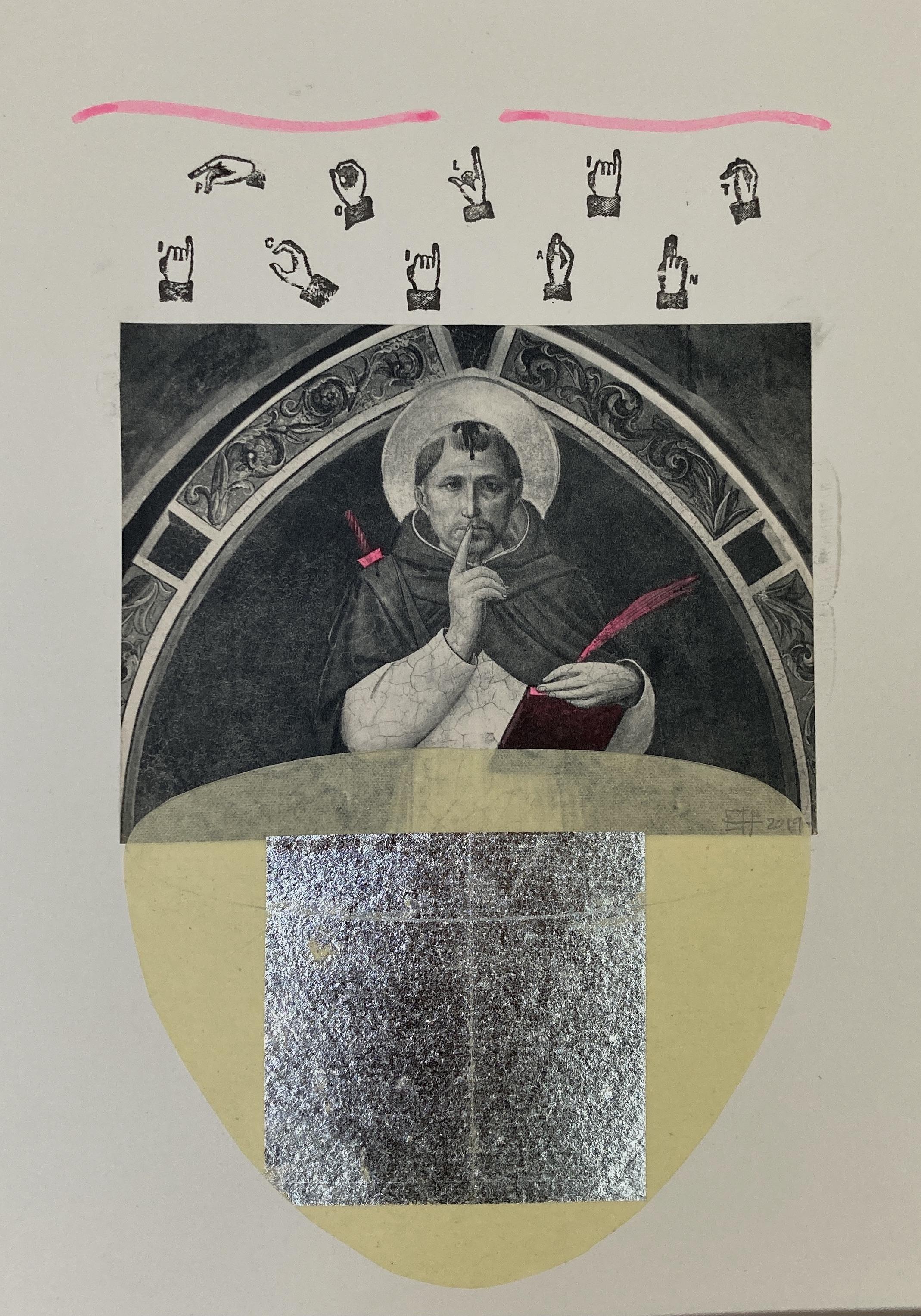 St Peter the Politician; secrets; hidden dagger; Book of laws; collage; silver paper; signing